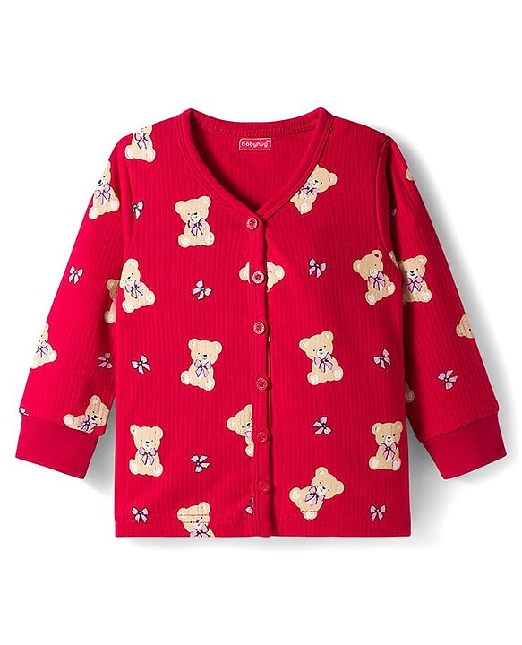 Babyhug Knit Full Sleeves Bear Printed Co-ords Thermal Vest & Pant Set - Maroon