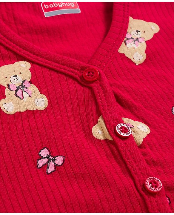 Babyhug Knit Full Sleeves Bear Printed Co-ords Thermal Vest & Pant Set - Maroon