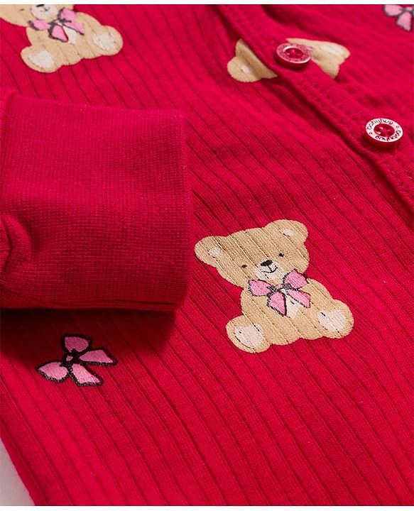 Babyhug Knit Full Sleeves Bear Printed Co-ords Thermal Vest & Pant Set - Maroon