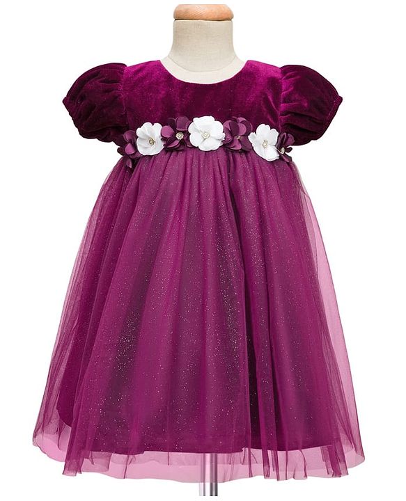 Babyhug Mesh Woven Half Puffed Sleeves Fit and Flare Party Dress With Glitter & Floral Applique - Wine