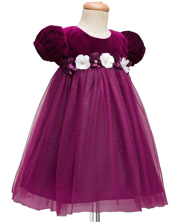 Babyhug Mesh Woven Half Puffed Sleeves Fit and Flare Party Dress With Glitter & Floral Applique - Wine