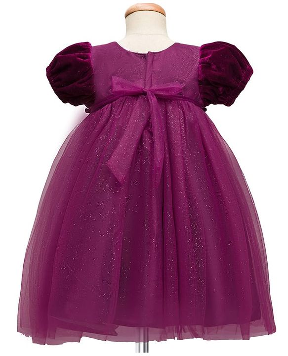 Babyhug Mesh Woven Half Puffed Sleeves Fit and Flare Party Dress With Glitter & Floral Applique - Wine