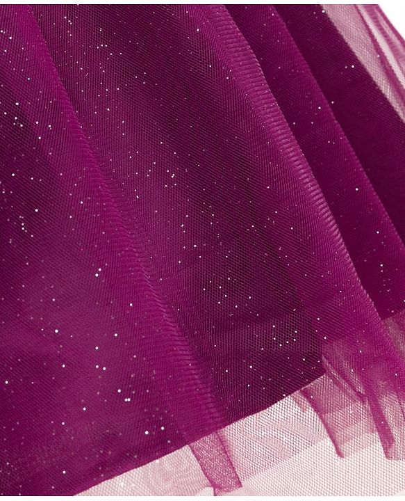 Babyhug Mesh Woven Half Puffed Sleeves Fit and Flare Party Dress With Glitter & Floral Applique - Wine