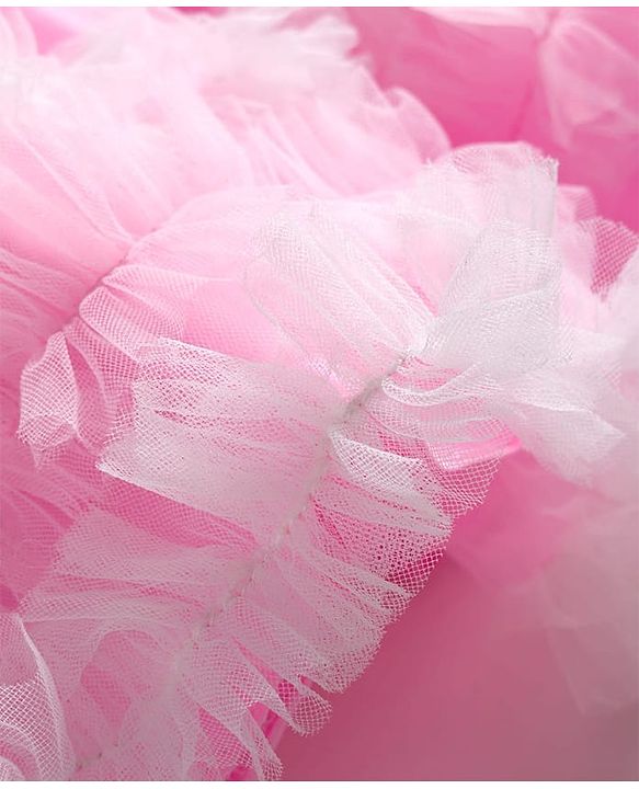 Babyhug Woven Half Sleeves Mesh Party Dress With Sequin Detailing & Bow Applique - Pink & White