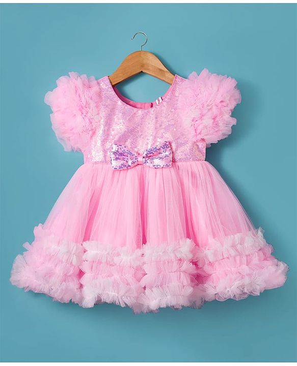 Babyhug Woven Half Sleeves Mesh Party Dress With Sequin Detailing & Bow Applique - Pink & White