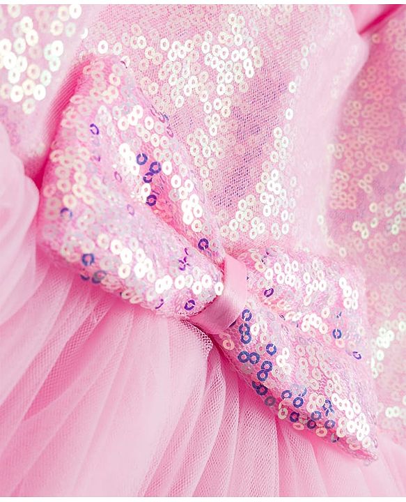Babyhug Woven Half Sleeves Mesh Party Dress With Sequin Detailing & Bow Applique - Pink & White