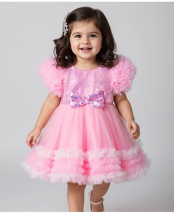 Babyhug Woven Half Sleeves Mesh Party Dress With Sequin Detailing & Bow Applique - Pink & White