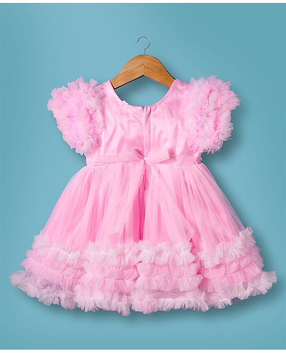 Babyhug Woven Half Sleeves Mesh Party Dress With Sequin Detailing & Bow Applique - Pink & White
