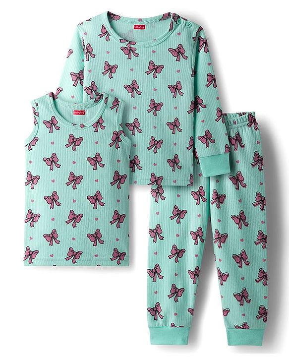 Babyhug Knit Full Sleeves Pullover & Sleeveless Thermal Vests & Pant Set with Bow Print - Turquoise