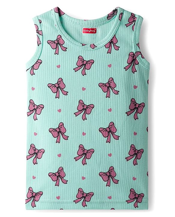 Babyhug Knit Full Sleeves Pullover & Sleeveless Thermal Vests & Pant Set with Bow Print - Turquoise