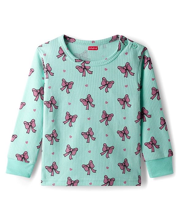 Babyhug Knit Full Sleeves Pullover & Sleeveless Thermal Vests & Pant Set with Bow Print - Turquoise