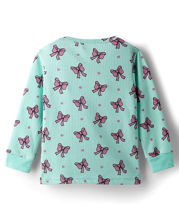 Babyhug Knit Full Sleeves Pullover & Sleeveless Thermal Vests & Pant Set with Bow Print - Turquoise