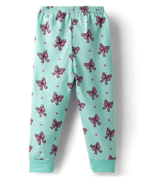 Babyhug Knit Full Sleeves Pullover & Sleeveless Thermal Vests & Pant Set with Bow Print - Turquoise