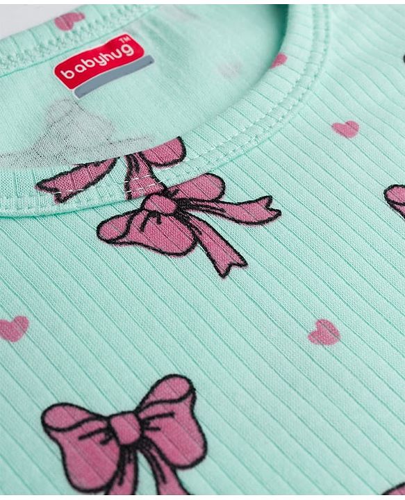 Babyhug Knit Full Sleeves Pullover & Sleeveless Thermal Vests & Pant Set with Bow Print - Turquoise