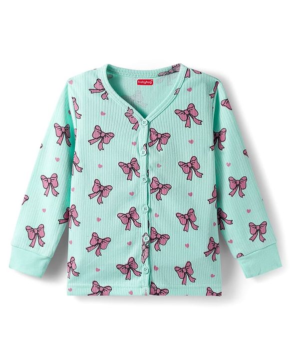 Babyhug Knit Full Sleeves Bow Printed Thermal Vest & Pant Set - Sea Green