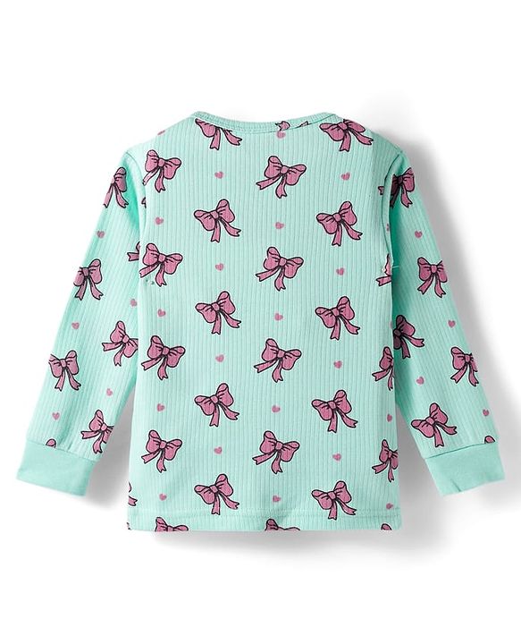 Babyhug Knit Full Sleeves Bow Printed Thermal Vest & Pant Set - Sea Green