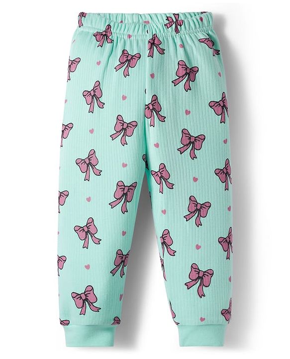 Babyhug Knit Full Sleeves Bow Printed Thermal Vest & Pant Set - Sea Green