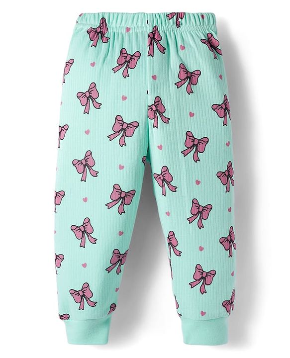 Babyhug Knit Full Sleeves Bow Printed Thermal Vest & Pant Set - Sea Green