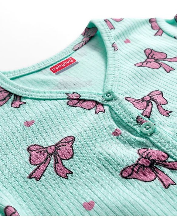 Babyhug Knit Full Sleeves Bow Printed Thermal Vest & Pant Set - Sea Green