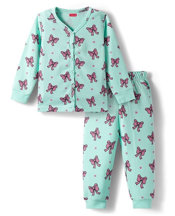 Babyhug Knit Full Sleeves Bow Printed Thermal Vest & Pant Set - Sea Green