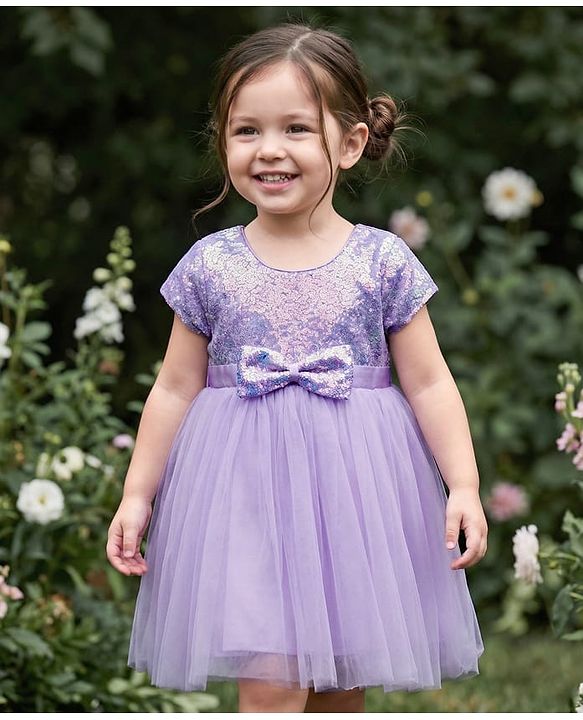 Babyhug Woven Half Sleeves Mesh Party Dress With Sequin Detailing & Bow Applique - Lavender