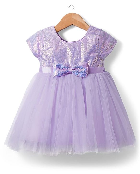 Babyhug Woven Half Sleeves Mesh Party Dress With Sequin Detailing & Bow Applique - Lavender