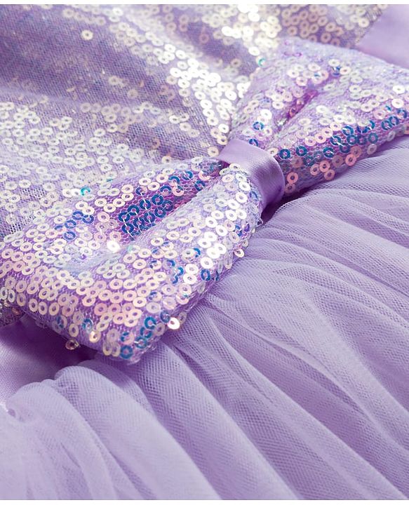 Babyhug Woven Half Sleeves Mesh Party Dress With Sequin Detailing & Bow Applique - Lavender
