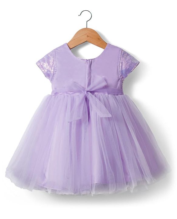 Babyhug Woven Half Sleeves Mesh Party Dress With Sequin Detailing & Bow Applique - Lavender