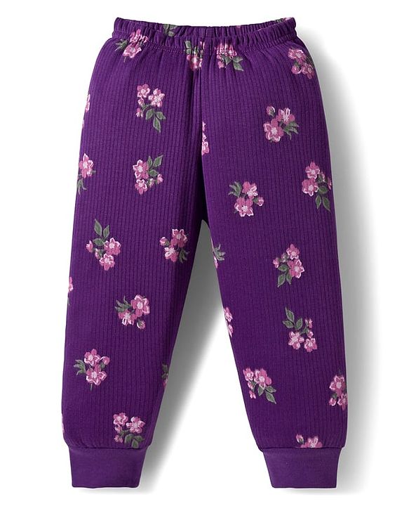 Babyhug Knit Full Sleeves Co-ords Pullover Thermal Wear Set with Floral Print - Purple