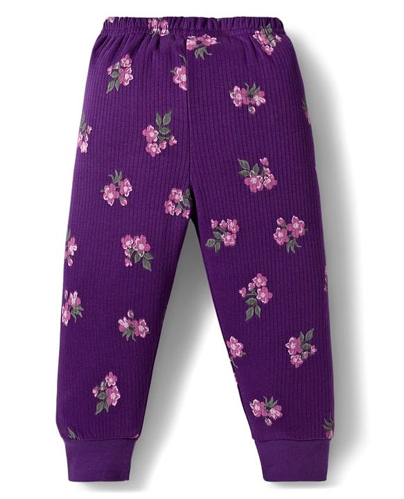 Babyhug Knit Full Sleeves Co-ords Pullover Thermal Wear Set with Floral Print - Purple