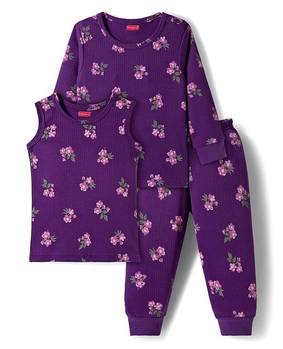 Babyhug Knit Full Sleeves Co-ords Pullover Thermal Wear Set with Floral Print - Purple