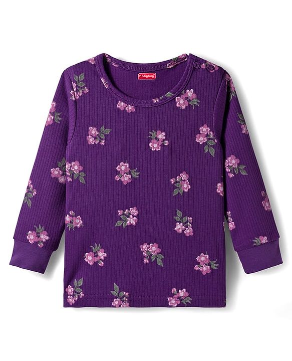 Babyhug Knit Full Sleeves Co-ords Pullover Thermal Wear Set with Floral Print - Purple