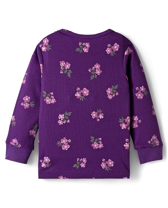Babyhug Knit Full Sleeves Co-ords Pullover Thermal Wear Set with Floral Print - Purple