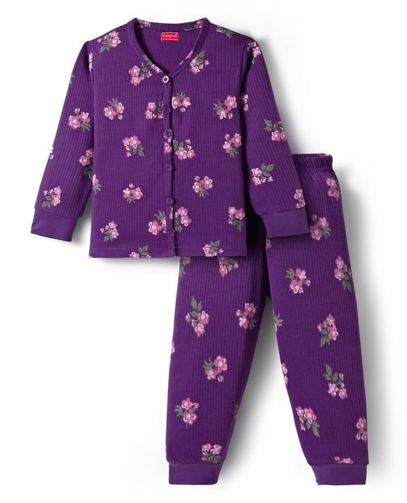 Babyhug Knit Full Sleeves Thermal Inner Wear Set With Floral Print - Purple