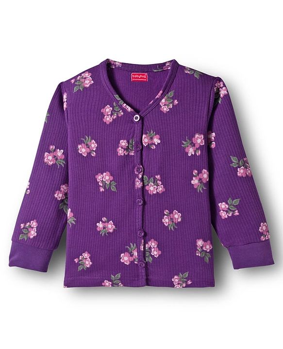 Babyhug Knit Full Sleeves Thermal Inner Wear Set With Floral Print - Purple