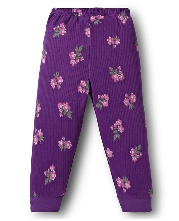 Babyhug Knit Full Sleeves Thermal Inner Wear Set With Floral Print - Purple