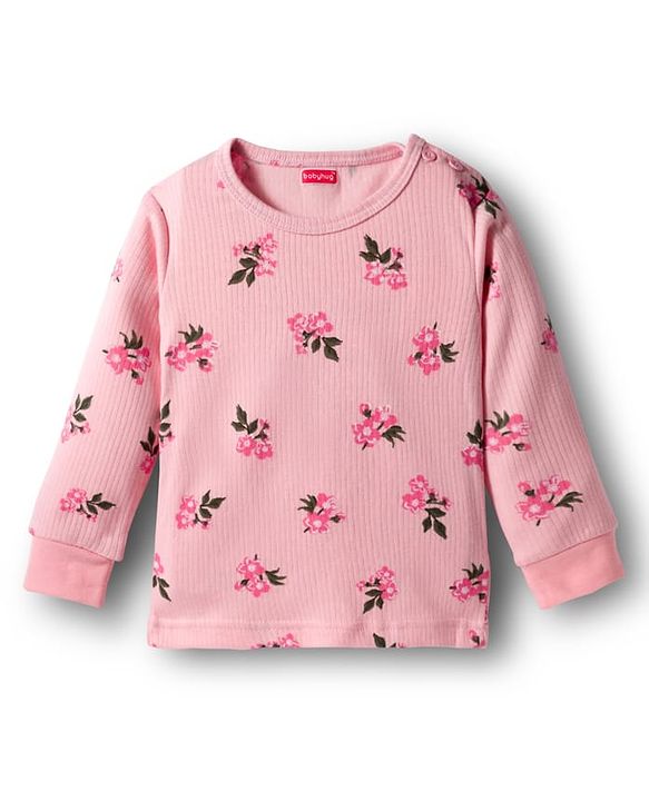 Babyhug Knit Full Sleeves Thermal Inner Wear Set With Vest & Floral Print - Pink