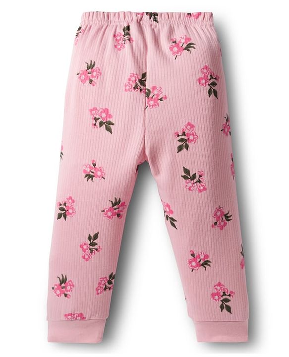 Babyhug Knit Full Sleeves Thermal Inner Wear Set With Vest & Floral Print - Pink