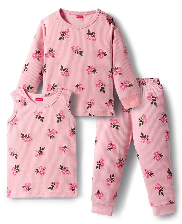 Babyhug Knit Full Sleeves Thermal Inner Wear Set With Vest & Floral Print - Pink