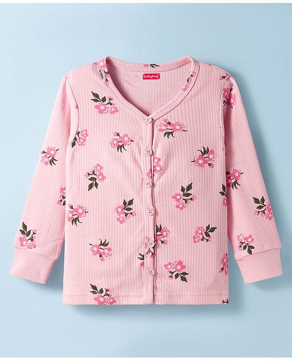 Babyhug Knit Full Sleeves Floral Printed Co-ords Thermal Vest & Pant Set - Pink