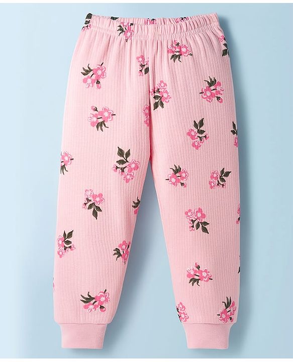 Babyhug Knit Full Sleeves Floral Printed Co-ords Thermal Vest & Pant Set - Pink