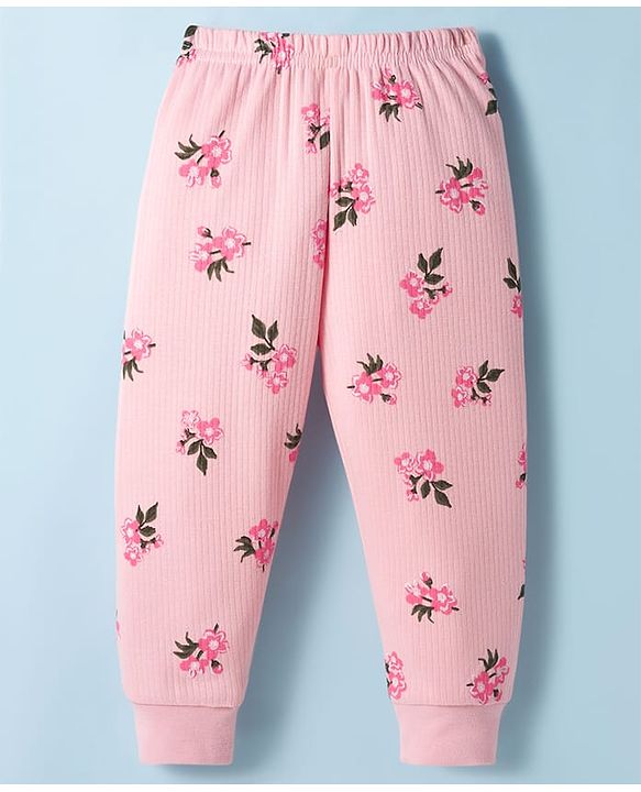 Babyhug Knit Full Sleeves Floral Printed Co-ords Thermal Vest & Pant Set - Pink
