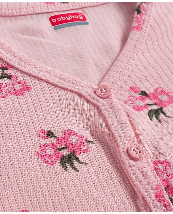 Babyhug Knit Full Sleeves Floral Printed Co-ords Thermal Vest & Pant Set - Pink