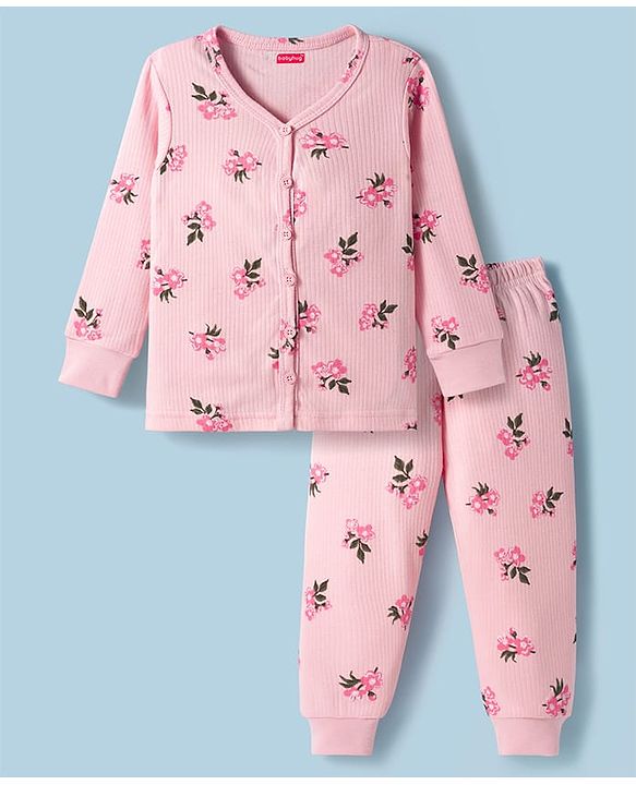 Babyhug Knit Full Sleeves Floral Printed Co-ords Thermal Vest & Pant Set - Pink