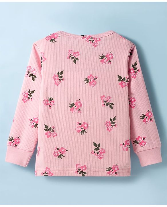 Babyhug Knit Full Sleeves Floral Printed Co-ords Thermal Vest & Pant Set - Pink