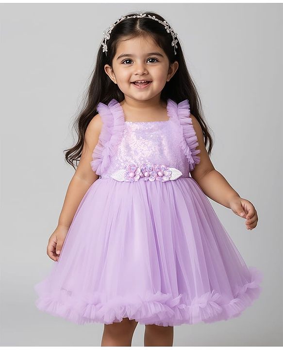 Babyhug Woven Sleeveless Mesh Party Dress With Floral Applique & Sequin Detailing On Yoke - Lavender