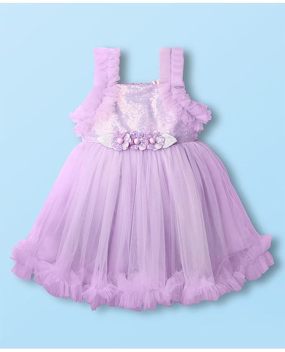 Babyhug Woven Sleeveless Mesh Party Dress With Floral Applique & Sequin Detailing On Yoke - Lavender