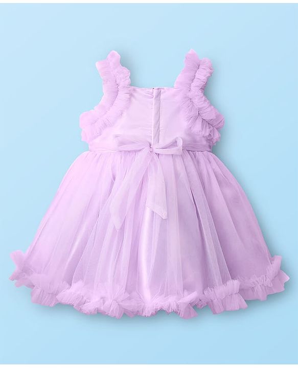 Babyhug Woven Sleeveless Mesh Party Dress With Floral Applique & Sequin Detailing On Yoke - Lavender