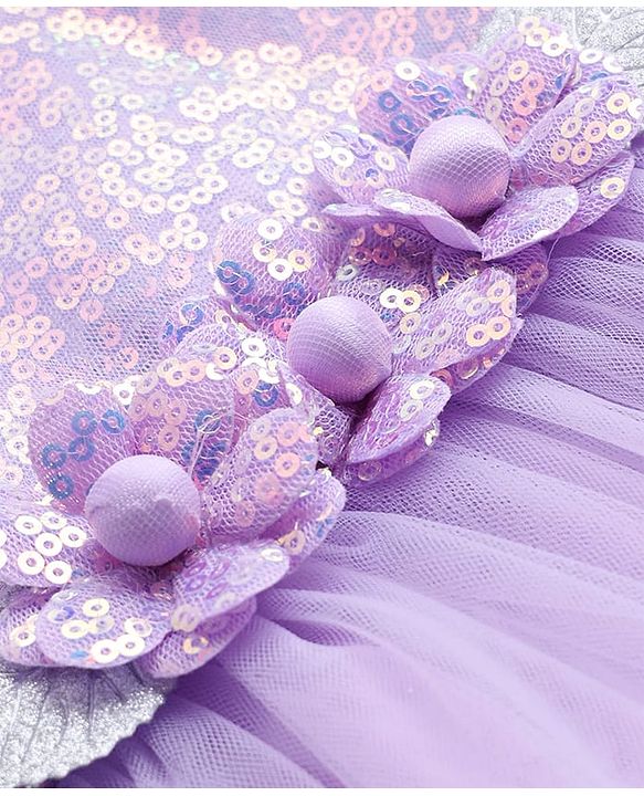 Babyhug Woven Sleeveless Mesh Party Dress With Floral Applique & Sequin Detailing On Yoke - Lavender