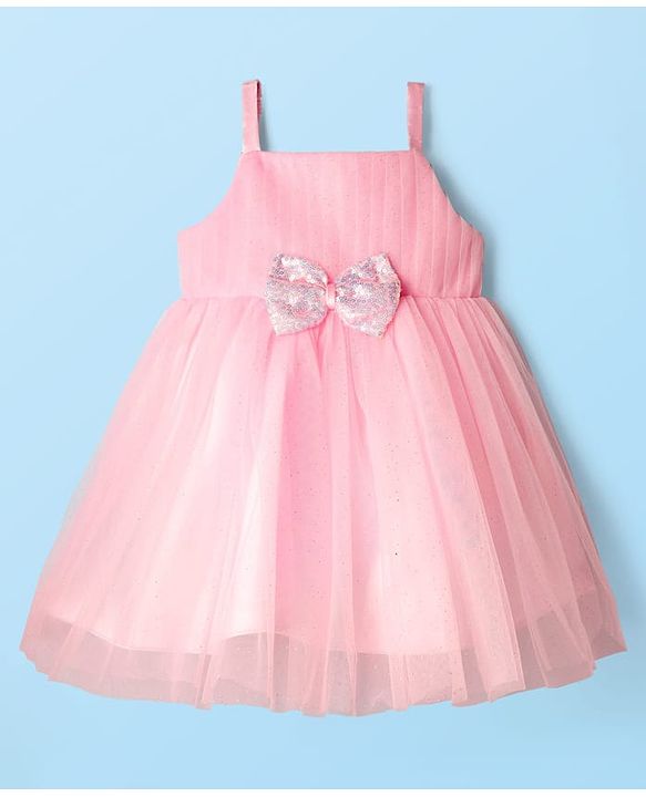 Babyhug Woven Mesh Party Dress with Half Sleeves Shrug with Sequin Detailing & Bow Applique - Pink